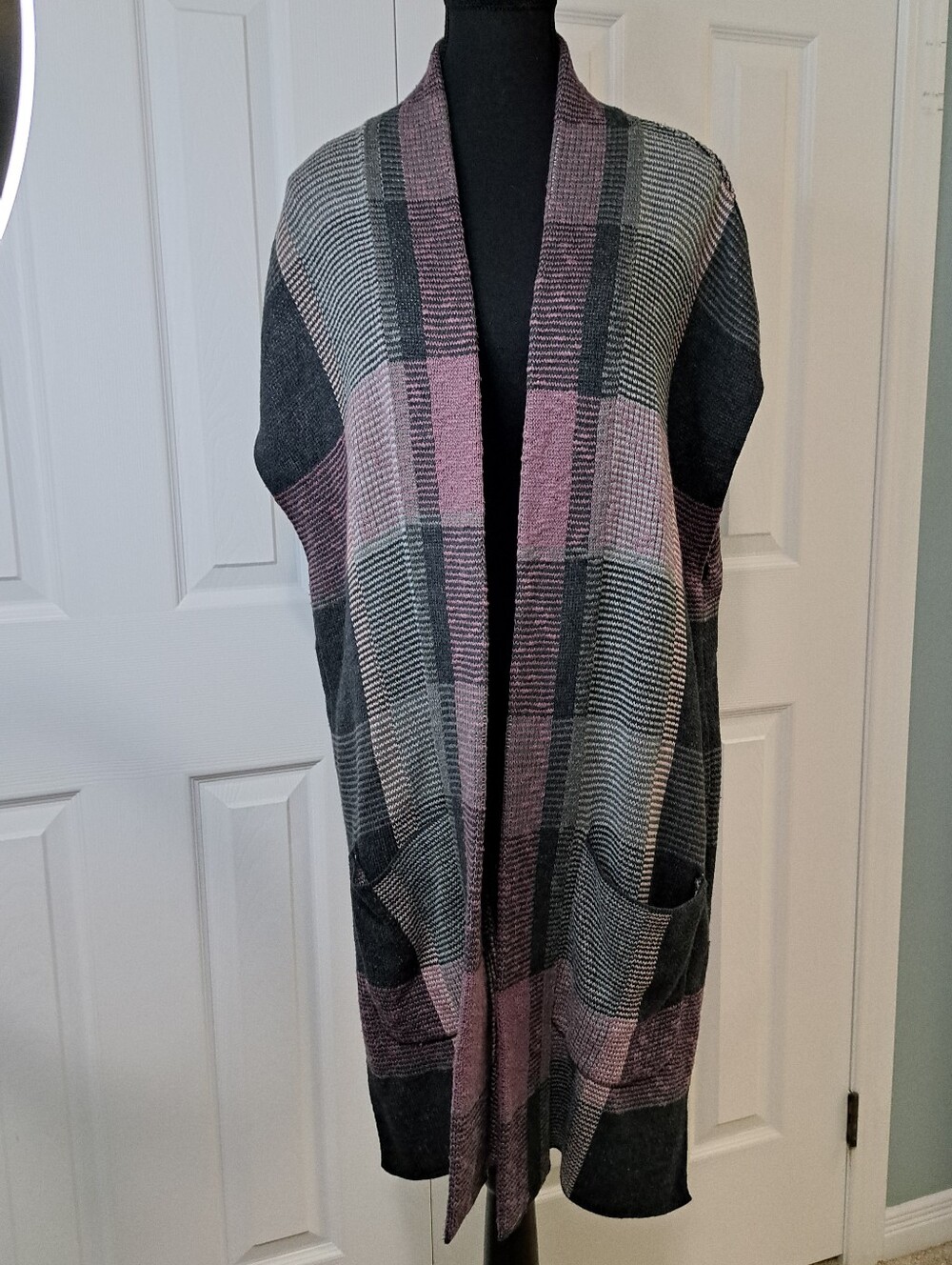 CHAPS Pink Gray Plaid Open Front Sweater Vest Cardigan Pockets XL Cottage Cozy